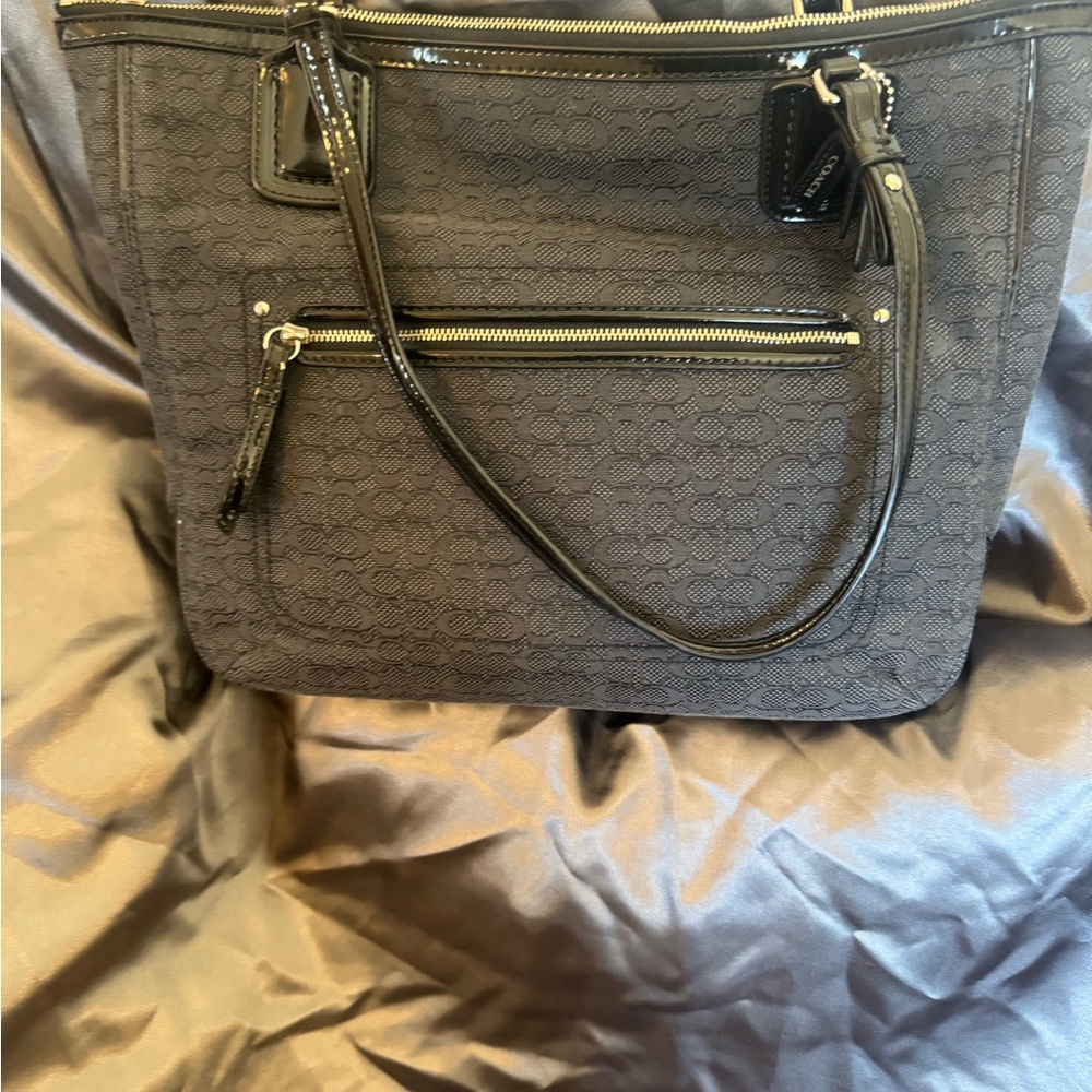 Coach Black Signature Tote with Patent Leather Trim